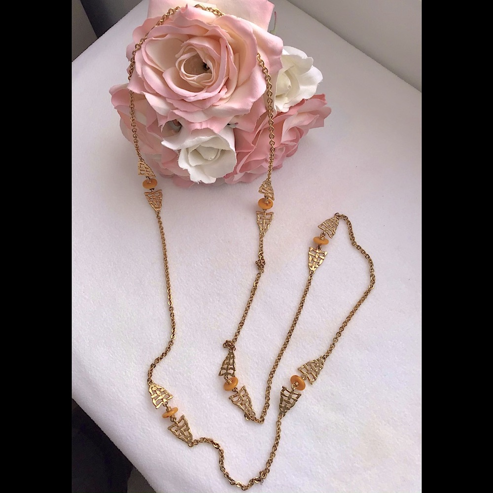 Vintage Gold & Orange Amber Bead Long Necklace